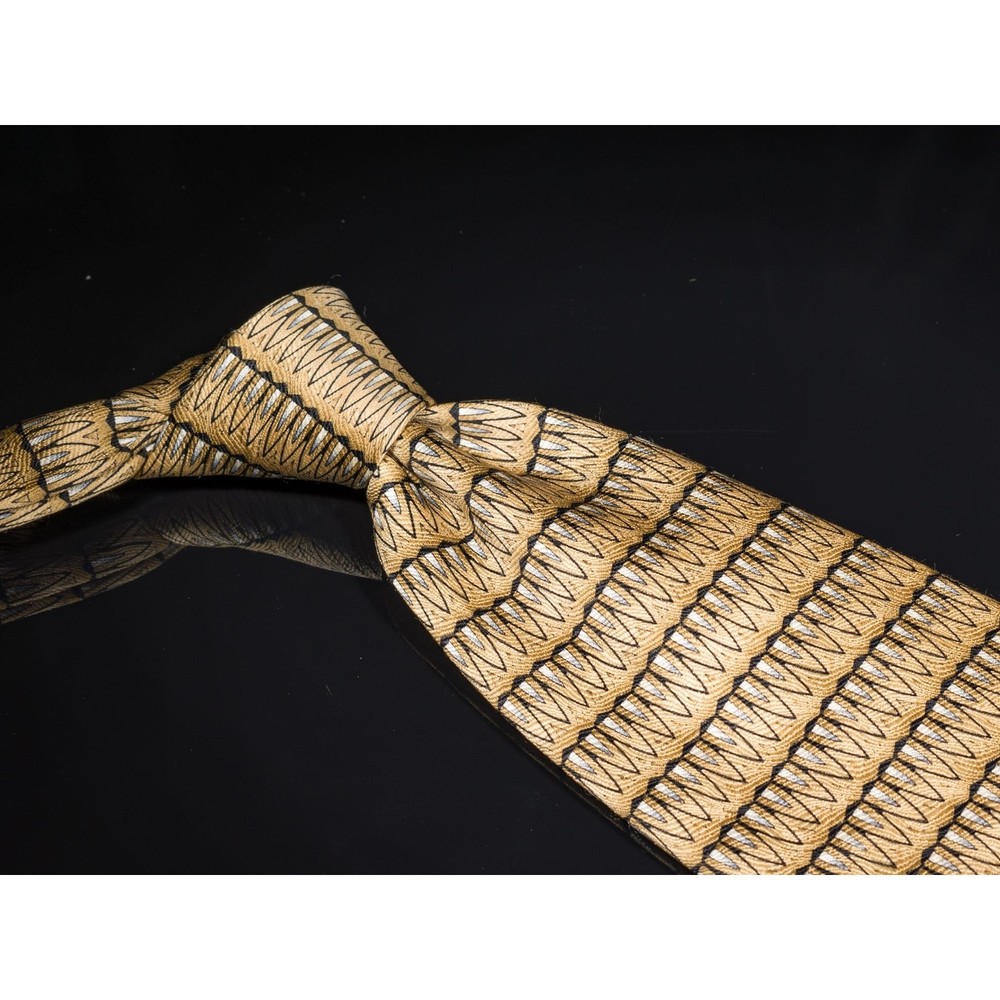 Vintage Bellini 100% Silk Tie Tan White Geometric Mens Designer Necktie